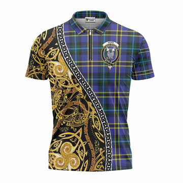 Hope Tartan Crest Zipper Polo Shirt Celtic Knot and Triple Trickle Spiral Symbols