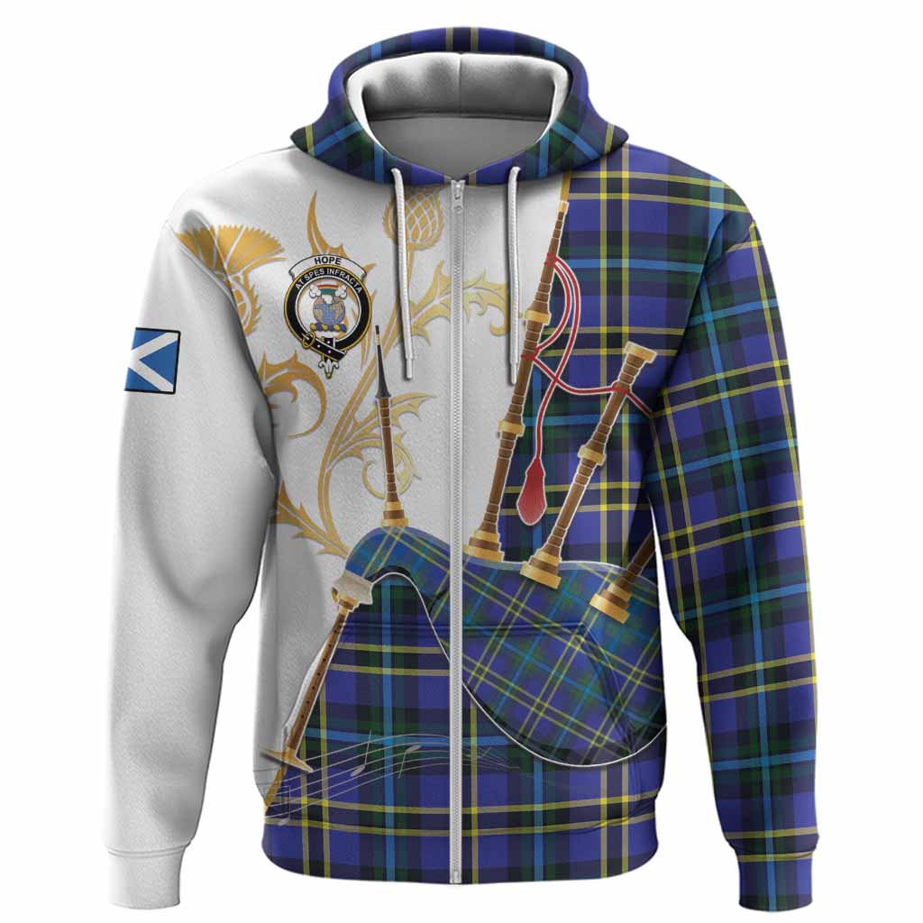 Hope Tartan Family Crest Hoodie Bagpipes with Scottish Thistle