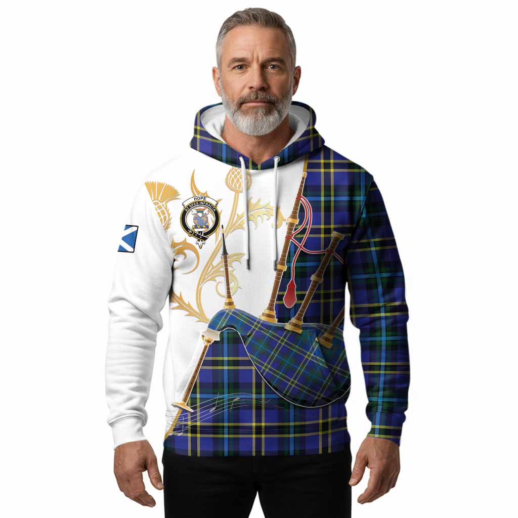 Hope Tartan Family Crest Hoodie Bagpipes with Scottish Thistle