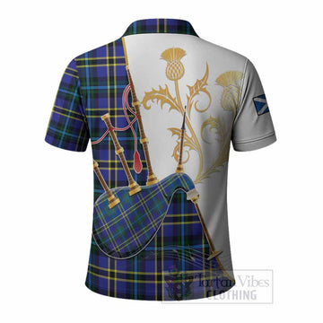 Hope Tartan Family Crest Polo Shirt Bagpipes with Scottish Thistle