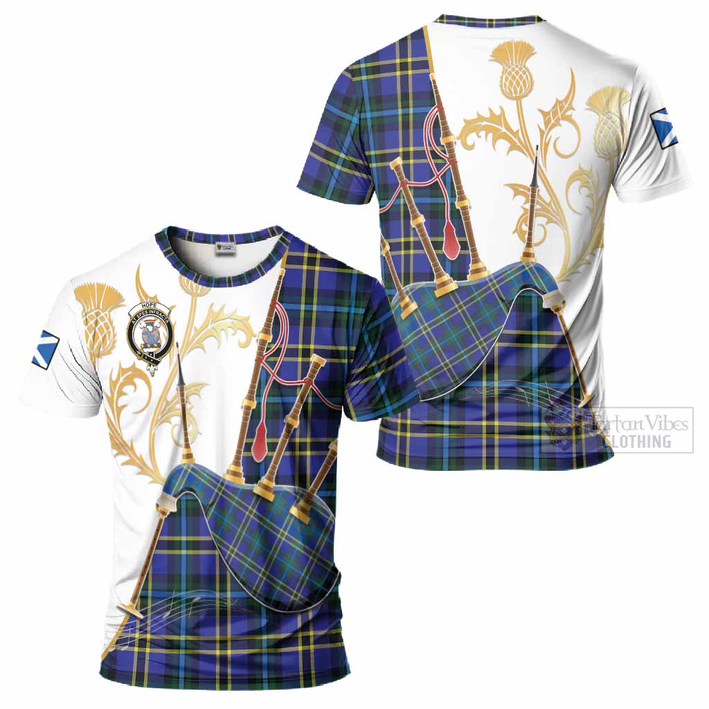 Hope Tartan Family Crest T-Shirt Bagpipes with Scottish Thistle