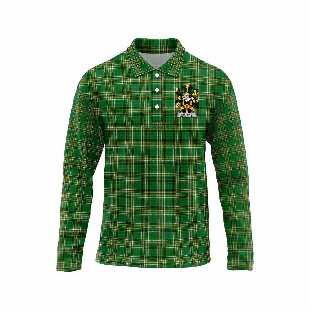 Tartan Vibes Clothing Hopkins Irish Clan Tartan Long Sleeve Polo Shirt with Coat of Arms