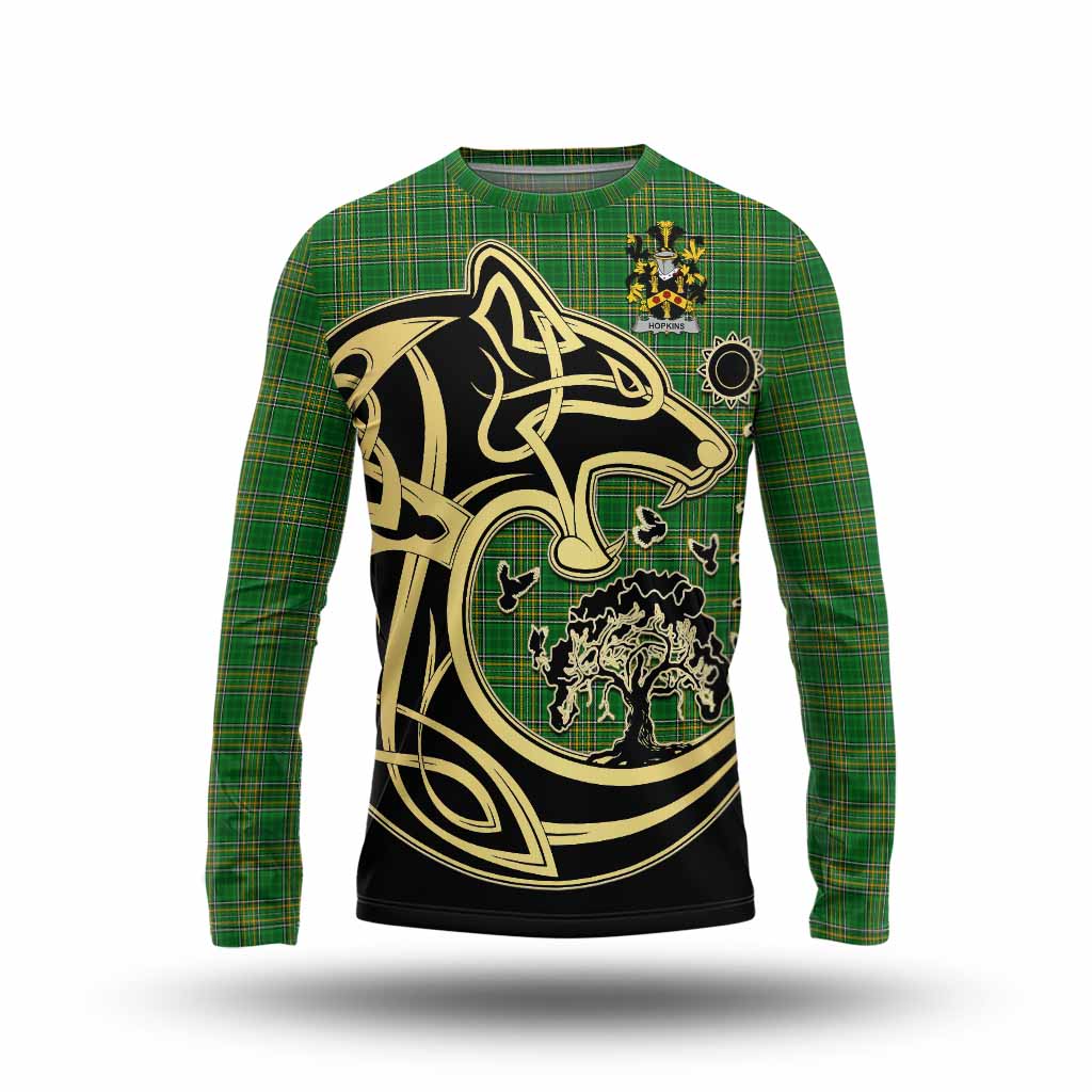 Tartan Vibes Clothing Hopkins Irish Tartan Long Sleeve T-Shirt with Coat of Arms Celtic Wolf Style