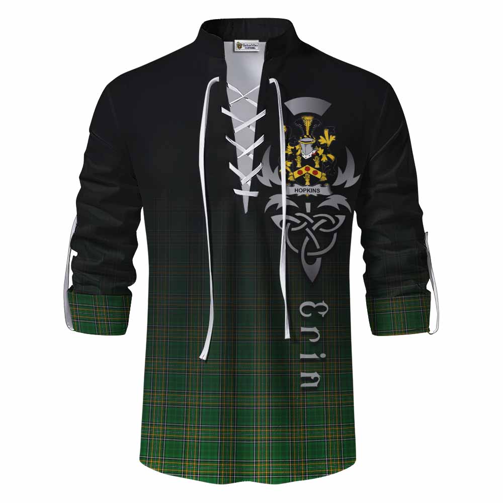 Tartan Vibes Clothing Hopkins Irish Clan Ghillie Kilt Shirt with Coat of Arms Erin Go Bragh Celtic Inspired