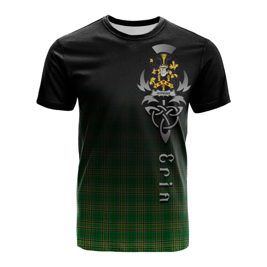 Tartan Vibes Clothing Hopkins Irish Clan Cotton T-shirt with Coat of Arms Erin Go Bragh Celtic Inspired