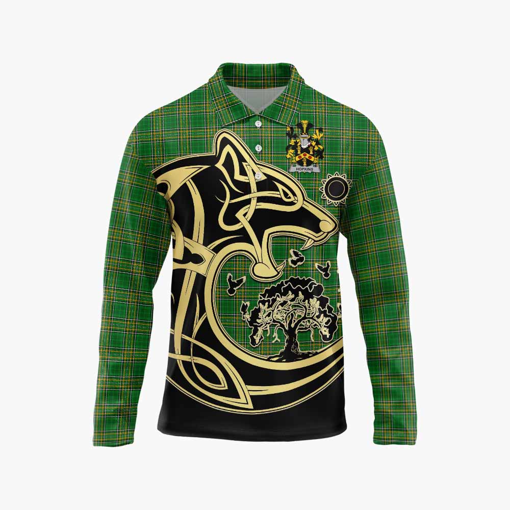 Tartan Vibes Clothing Hopkins Irish Tartan Long Sleeve Polo Shirt with Coat of Arms Celtic Wolf Style