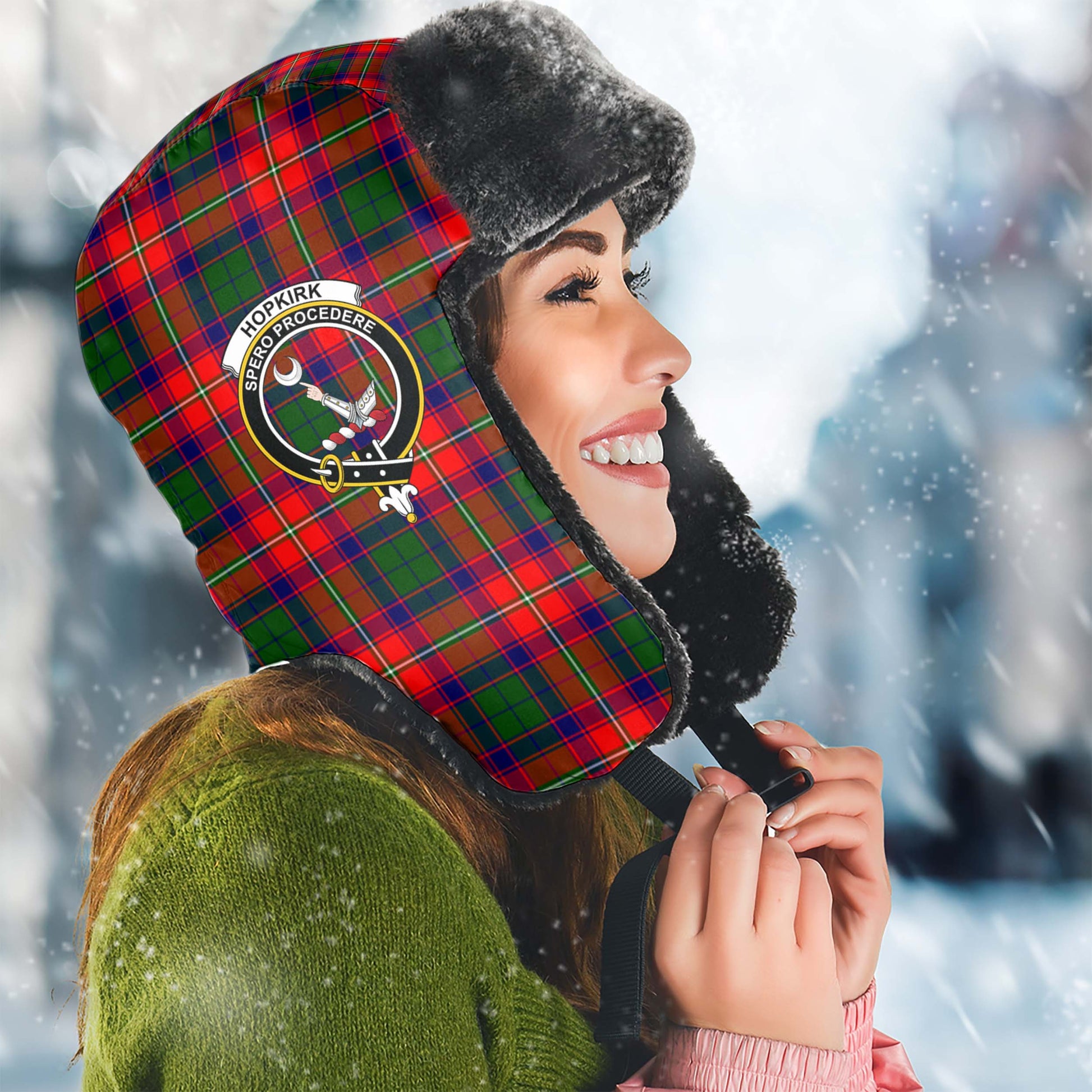 Hopkirk Tartan Winter Trapper Hat with Family Crest Winter Trapper Hat Universal Fit Circumference 22.8in (58cm) - Tartan Vibes Clothing