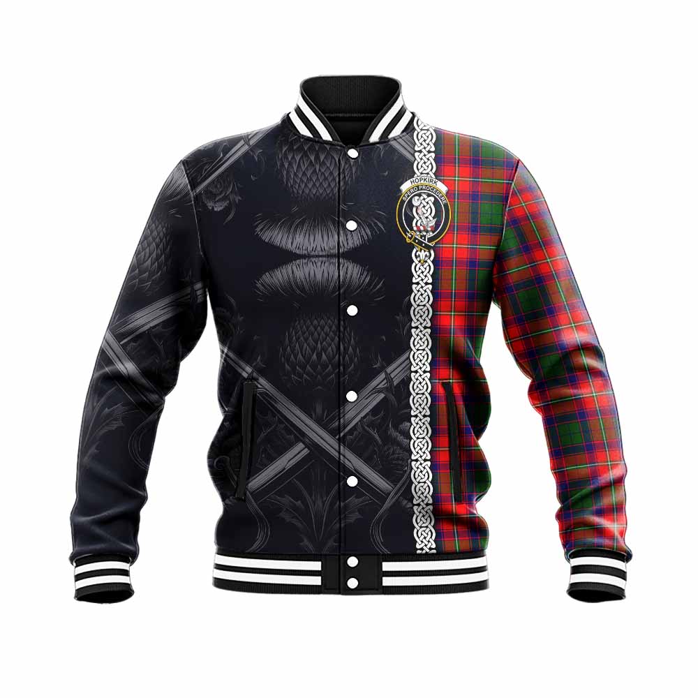 Hopkirk Tartan Baseball Jacket with Family Crest Cross Sword Thistle Celtic Vibes Unisex - Tartan Vibes Clothing