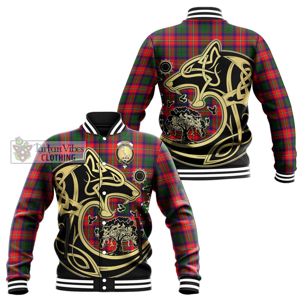 Hopkirk Tartan Baseball Jacket with Family Crest Celtic Wolf Style Unisex - Tartan Vibes Clothing