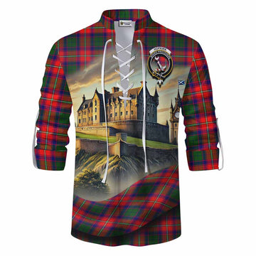 Hopkirk Tartan Family Crest Ghillie Kilt Shirt with Scottish Ancient Castle Style Men - Tartan Vibes Clothing