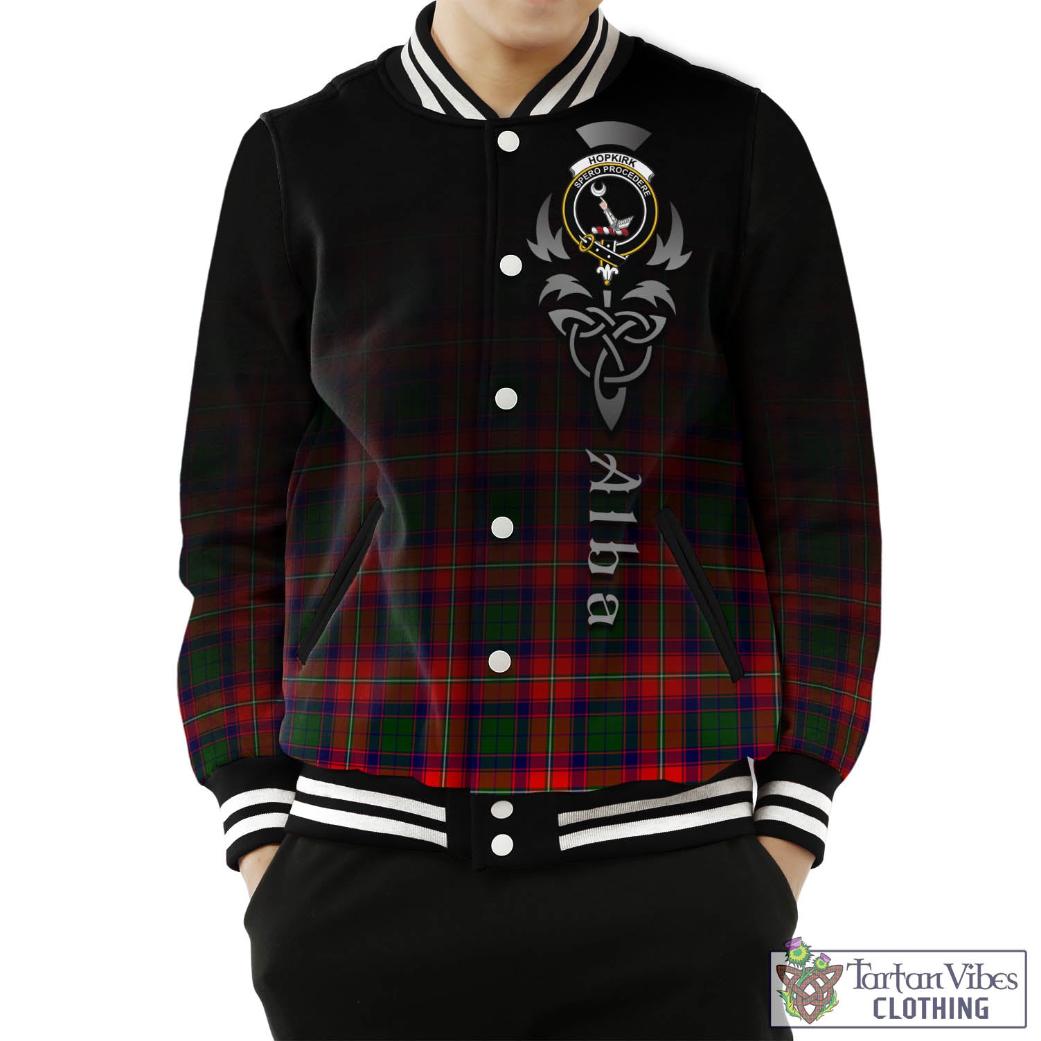 Hopkirk Tartan Baseball Jacket Featuring Alba Gu Brath Family Crest Celtic Inspired Unisex - Tartan Vibes Clothing