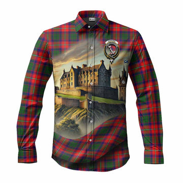 Tartan Vibes Clothing Hopkirk Tartan Family Crest Long Sleeve Button Shirt with Scottish Ancient Castle Style