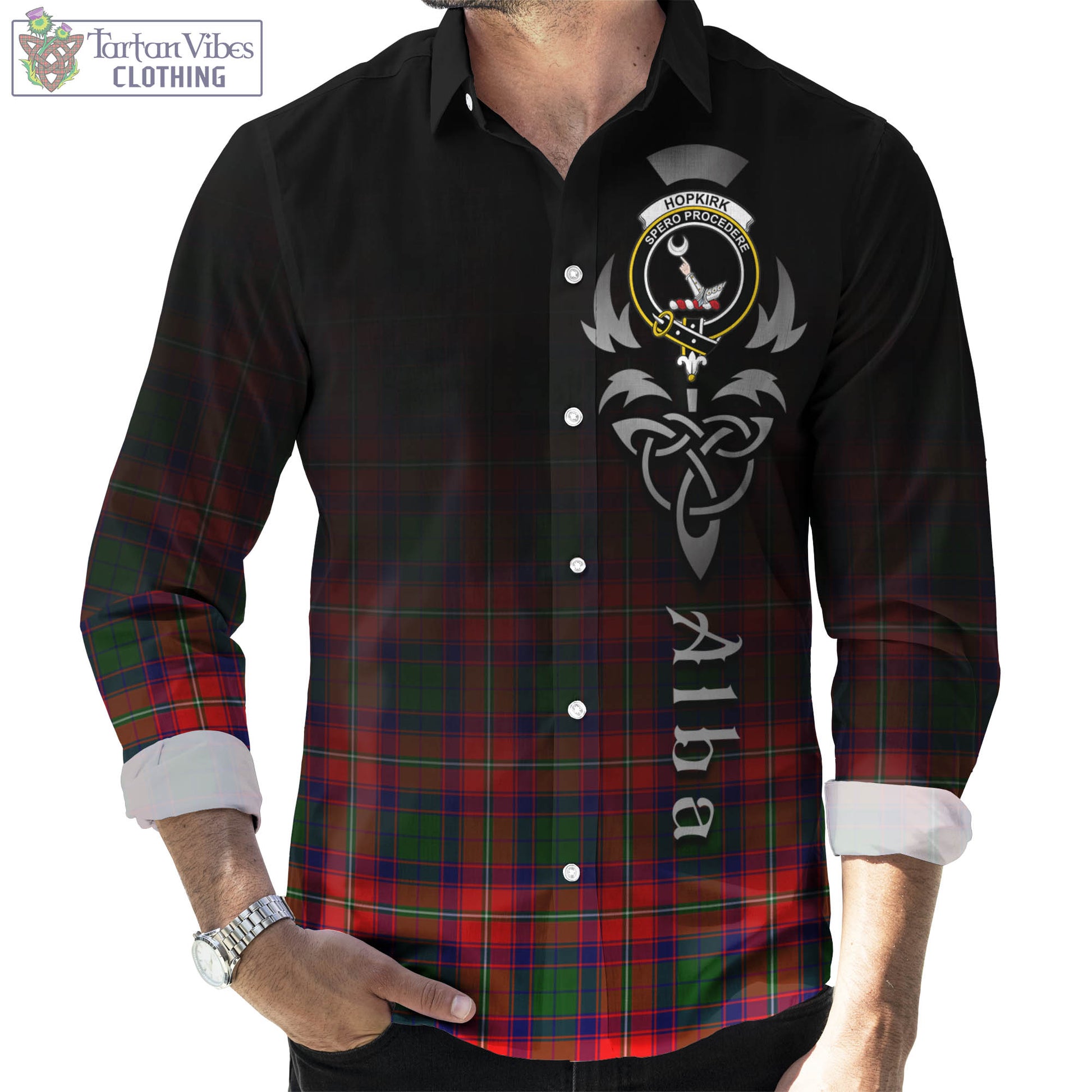 Hopkirk Tartan Long Sleeve Button Up Featuring Alba Gu Brath Family Crest Celtic Inspired Men's Shirt - Tartan Vibes Clothing