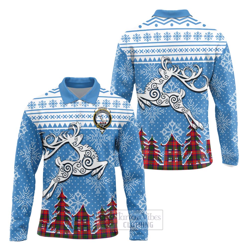 Hopkirk Clan Christmas Long Sleeve Polo Shirt Celtic Reindeer Style Unisex - Tartan Vibes Clothing