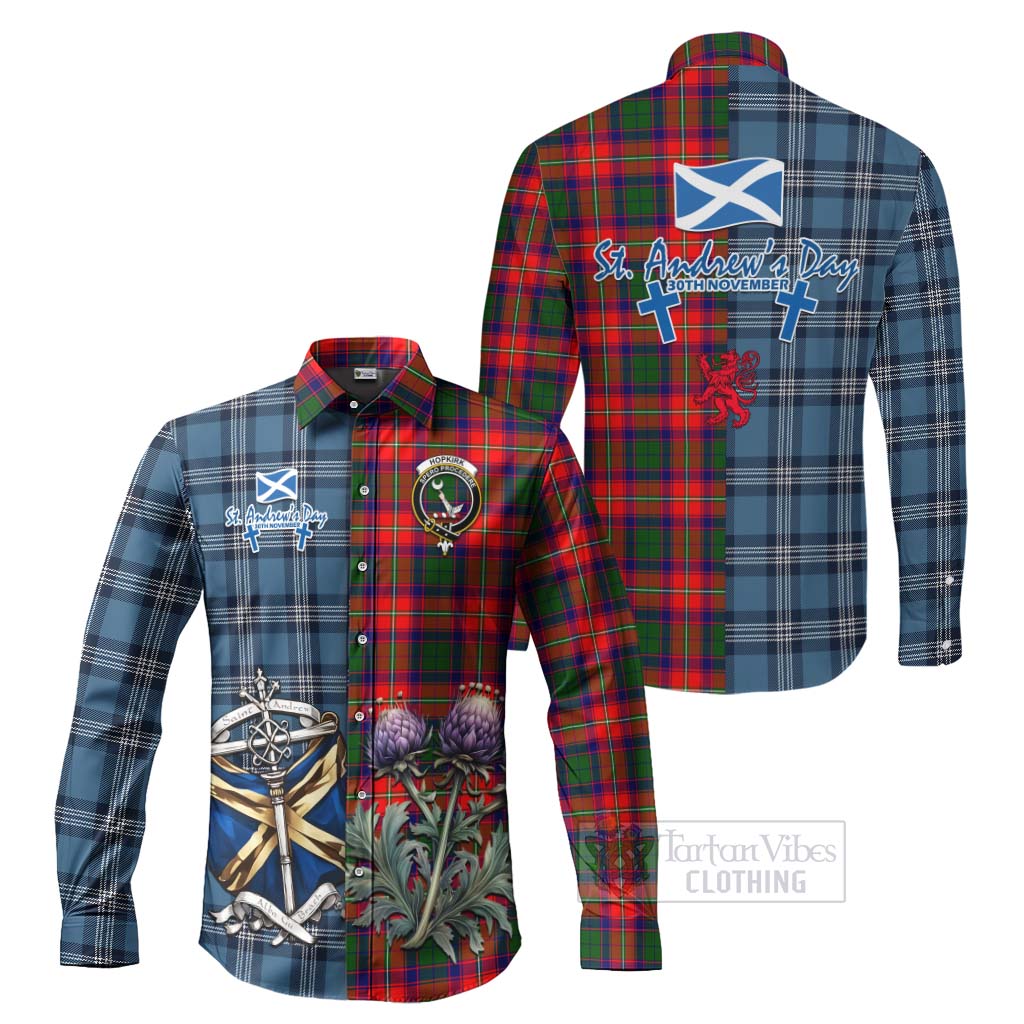 Hopkirk Tartan Long Sleeve Button Shirt Happy St. Andrew's Day Half Tartan Style Men's Shirt S - Tartan Vibes Clothing