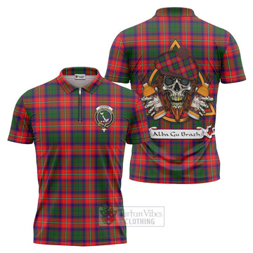 Hopkirk Tartan Zipper Polo Shirt with Family Crest and Bearded Skull Holding Bottles of Whiskey Unisex - Tartan Vibes Clothing