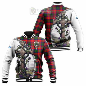 Hopkirk Tartan Baseball Jacket with Family Crest and St. Andrew's Cross Accented by Thistle Vines Unisex - Tartan Vibes Clothing