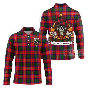 Hopkirk Tartan Long Sleeve Polo Shirt with Family Crest and Bearded Skull Holding Bottles of Whiskey Unisex - Tartan Vibes Clothing