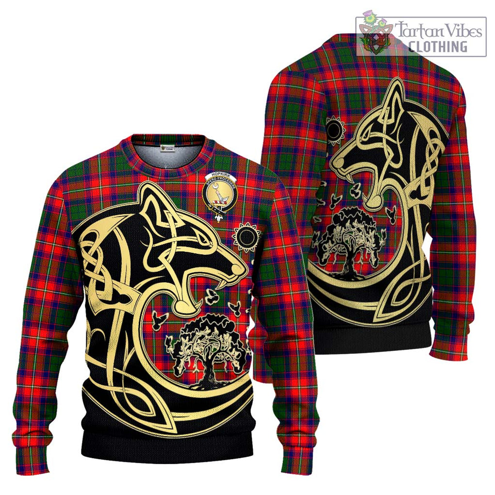 Hopkirk Tartan Ugly Sweater with Family Crest Celtic Wolf Style Unisex - Tartan Vibes Clothing