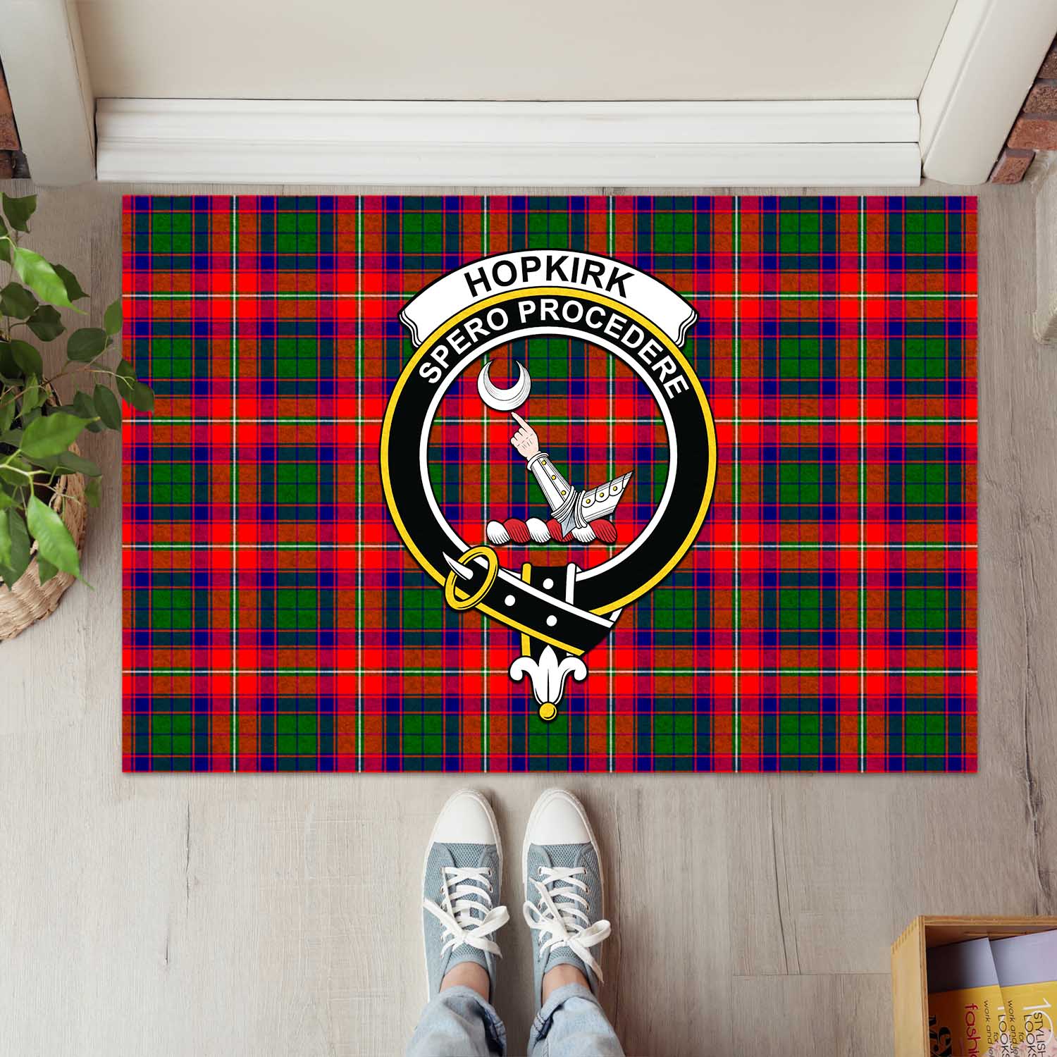 Hopkirk Tartan Rubber Doormat with Family Crest L 60*90cm - Tartan Vibes Clothing
