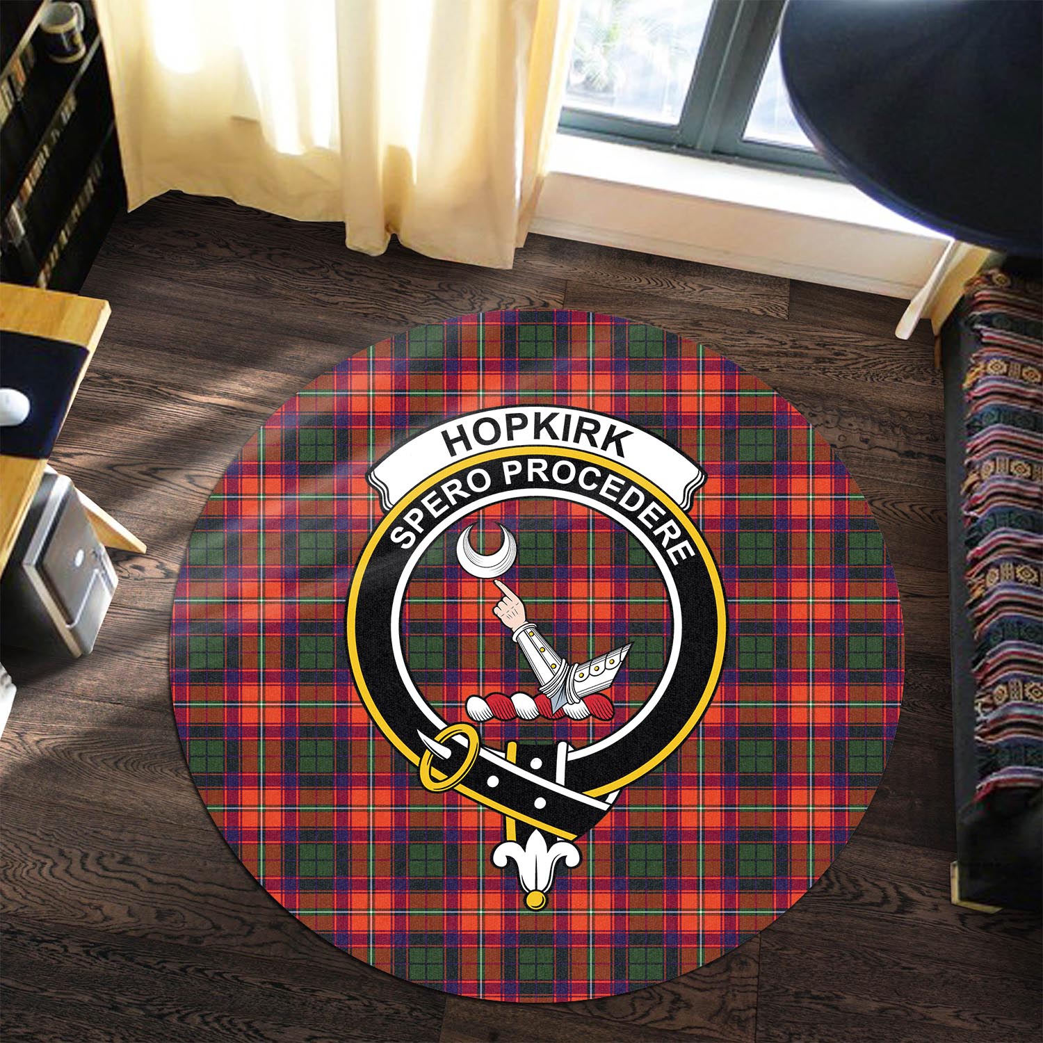 Hopkirk Tartan Round Rug with Family Crest Premium Round Rug - Tartan Vibes Clothing