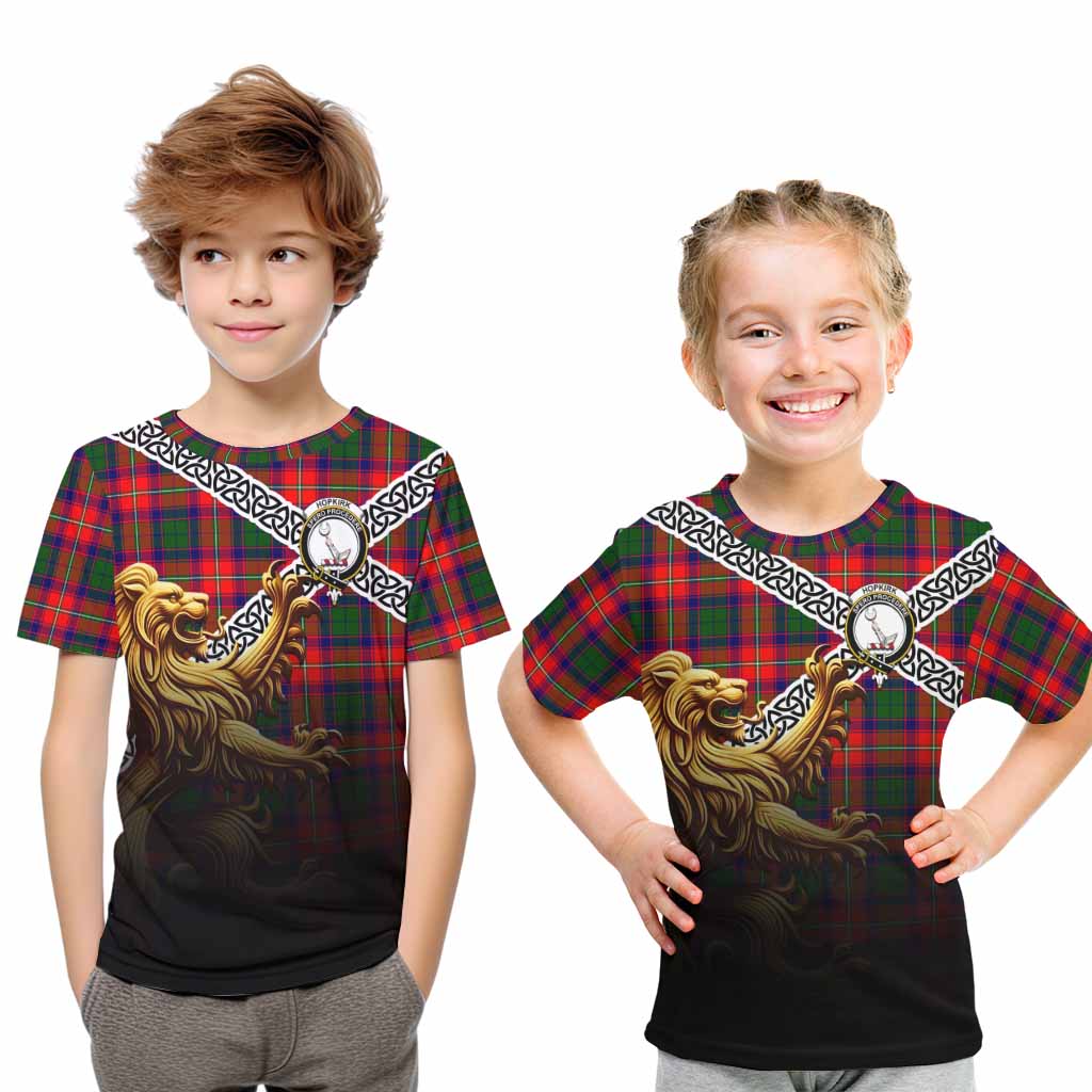 Hopkirk Crest Tartan Kid T-Shirt with Golden Lion Emblem Celtic Style Youth XL Size14 - Tartan Vibes Clothing