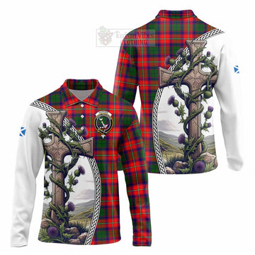 Hopkirk Tartan Long Sleeve Polo Shirt with Family Crest and St. Andrew's Cross Accented by Thistle Vines Unisex - Tartan Vibes Clothing