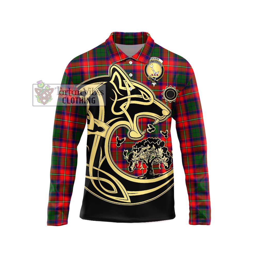 Hopkirk Tartan Long Sleeve Polo Shirt with Family Crest Celtic Wolf Style Unisex - Tartan Vibes Clothing