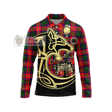Hopkirk Tartan Long Sleeve Polo Shirt with Family Crest Celtic Wolf Style Unisex - Tartan Vibes Clothing