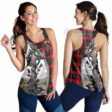 Hopkirk Tartan Women's Racerback Tanks with Family Crest and St. Andrew's Cross Accented by Thistle Vines 4XL - Tartan Vibes Clothing