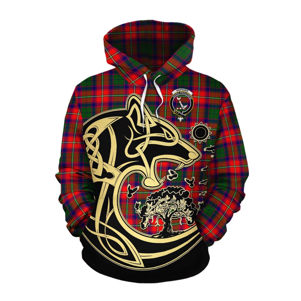 Hopkirk Tartan Cotton Hoodie with Family Crest Celtic Wolf Style Pullover Hoodie XS - Tartan Vibes Clothing