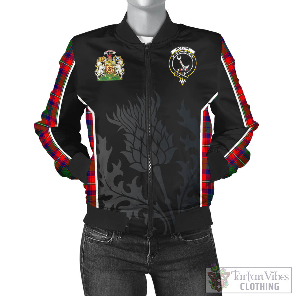 Hopkirk Tartan Bomber Jacket with Family Crest and Scottish Thistle Vibes Sport Style - Tartan Vibes Clothing