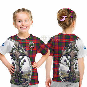 Hopkirk Tartan Kid T-Shirt with Family Crest and St. Andrew's Cross Accented by Thistle Vines - Tartan Vibes Clothing