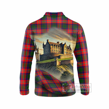 Hopkirk Tartan Family Crest Long Sleeve Polo Shirt with Scottish Ancient Castle Style - Tartan Vibes Clothing