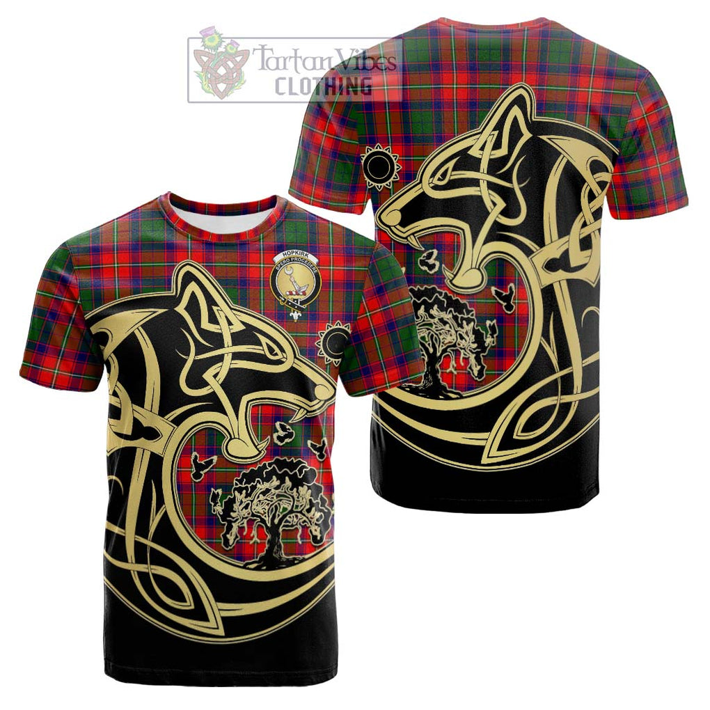 Hopkirk Tartan Cotton T-shirt with Family Crest Celtic Wolf Style Kid's Shirt - Tartan Vibes Clothing