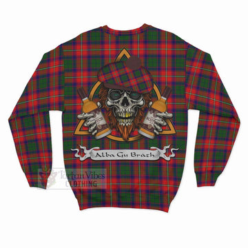Hopkirk Tartan Sweatshirt with Family Crest and Bearded Skull Holding Bottles of Whiskey - Tartan Vibes Clothing
