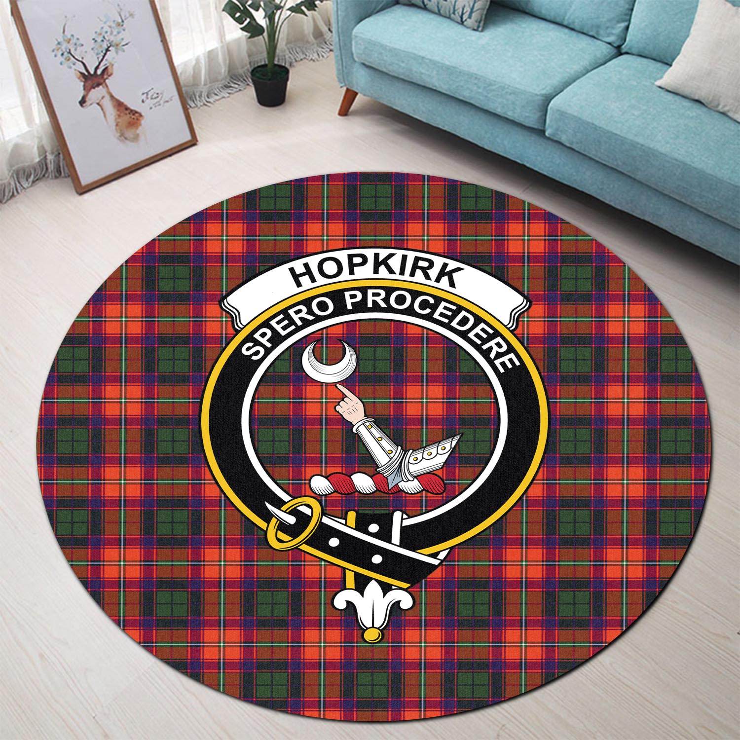 Hopkirk Tartan Round Rug with Family Crest - Tartan Vibes Clothing