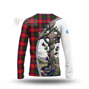 Hopkirk Tartan Long Sleeve T-Shirt with Family Crest and St. Andrew's Cross Accented by Thistle Vines - Tartan Vibes Clothing