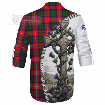 Hopkirk Tartan Ghillie Kilt Shirt with Family Crest and St. Andrew's Cross Accented by Thistle Vines - Tartan Vibes Clothing