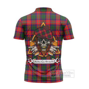 Hopkirk Tartan Zipper Polo Shirt with Family Crest and Bearded Skull Holding Bottles of Whiskey - Tartan Vibes Clothing