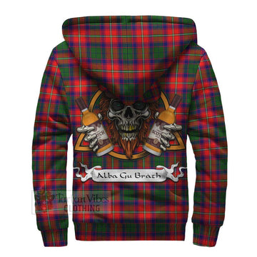 Hopkirk Tartan Sherpa Hoodie with Family Crest and Bearded Skull Holding Bottles of Whiskey - Tartan Vibes Clothing