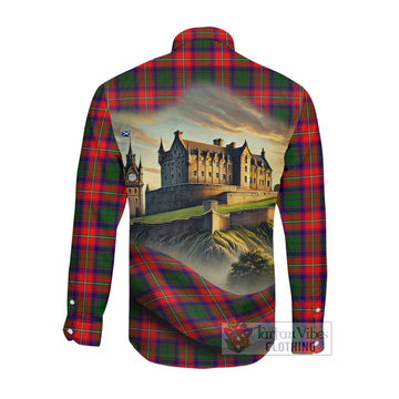 Tartan Vibes Clothing Hopkirk Tartan Family Crest Long Sleeve Button Shirt with Scottish Ancient Castle Style