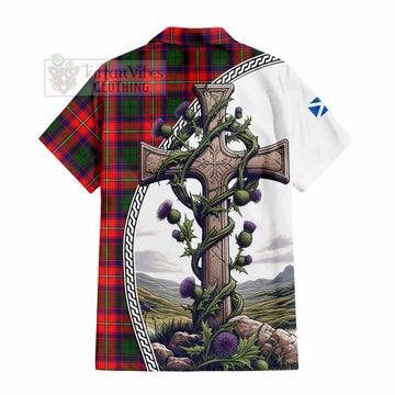 Hopkirk Tartan Hawaiian Shirt with Family Crest and St. Andrew's Cross Accented by Thistle Vines - Tartan Vibes Clothing