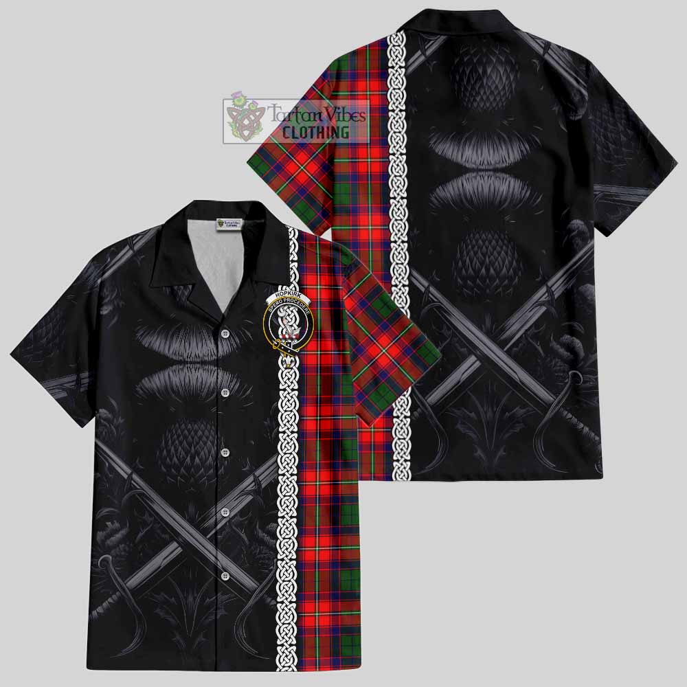 Hopkirk Tartan Hawaiian Shirt with Family Crest Cross Sword Thistle Celtic Vibes - Tartan Vibes Clothing