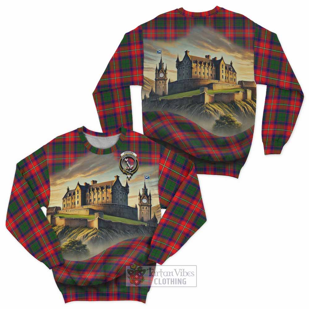 Hopkirk Tartan Family Crest Sweatshirt with Scottish Ancient Castle Style - Tartan Vibes Clothing