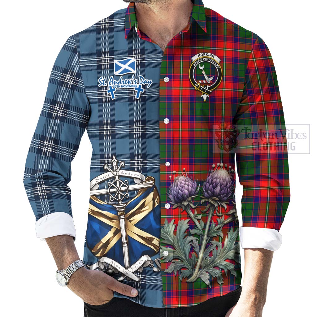 Hopkirk Tartan Long Sleeve Button Shirt Happy St. Andrew's Day Half Tartan Style - Tartan Vibes Clothing