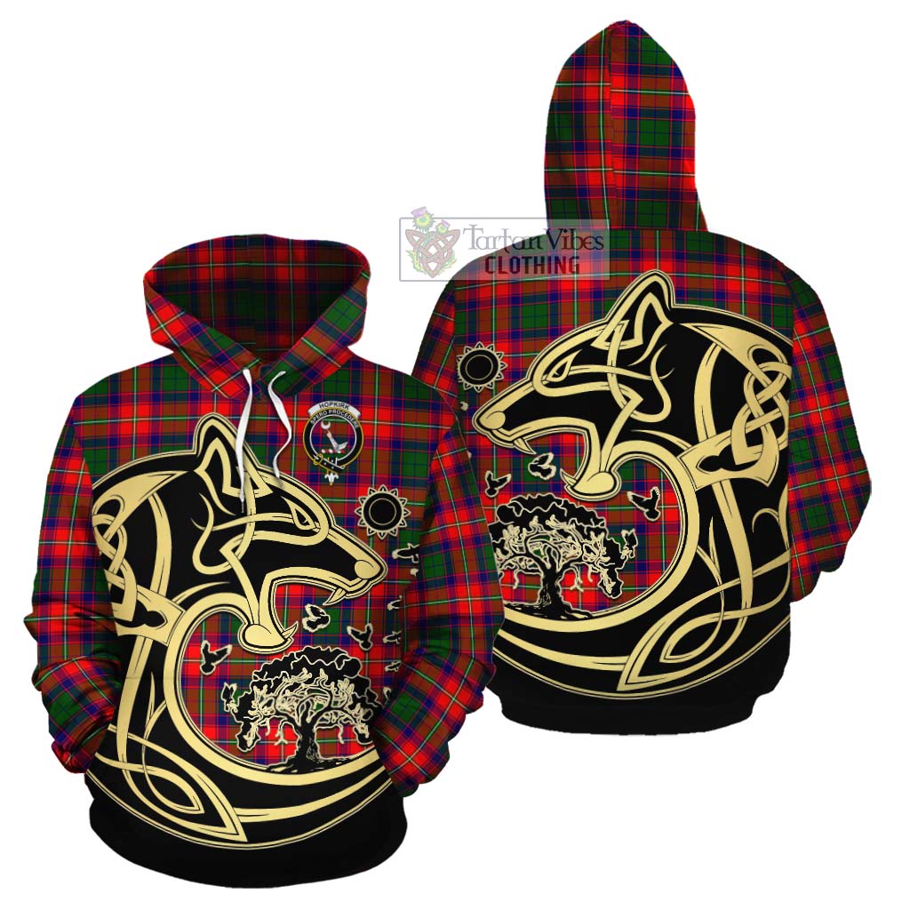 Hopkirk Tartan Cotton Hoodie with Family Crest Celtic Wolf Style Zip Hoodie - Tartan Vibes Clothing
