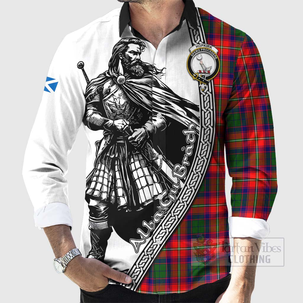 Hopkirk Tartan Clan Crest Long Sleeve Button Shirt with Highlander Warrior Celtic Style - Tartan Vibes Clothing