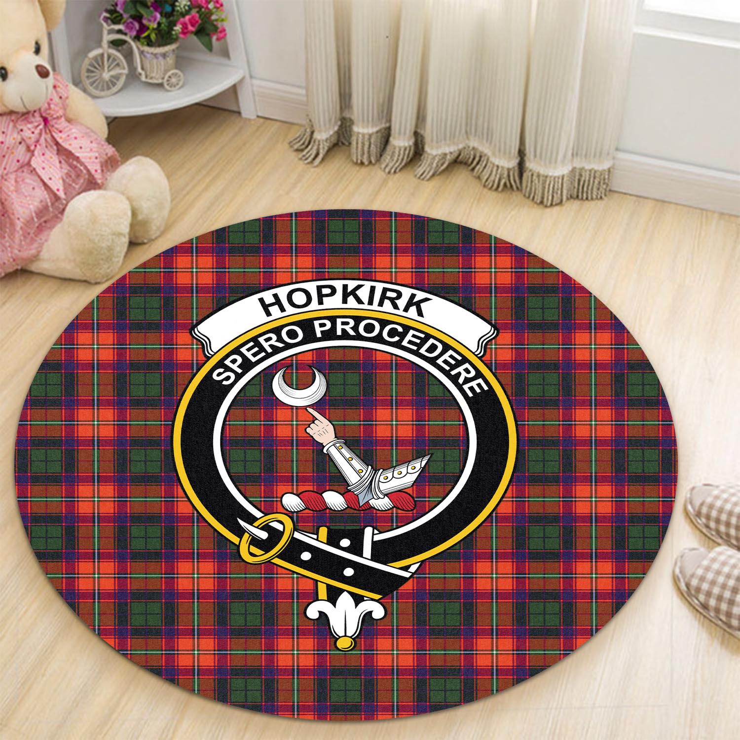 Hopkirk Tartan Round Rug with Family Crest - Tartan Vibes Clothing