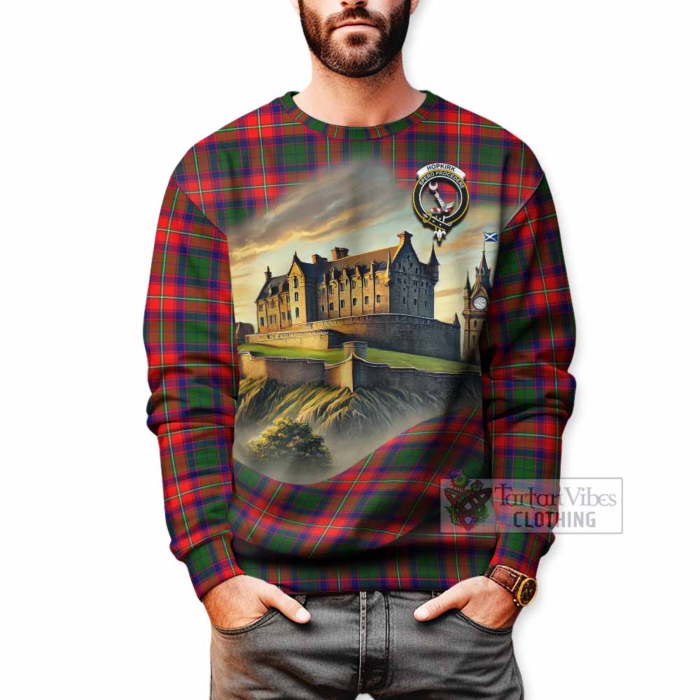 Hopkirk Tartan Family Crest Sweatshirt with Scottish Ancient Castle Style - Tartan Vibes Clothing
